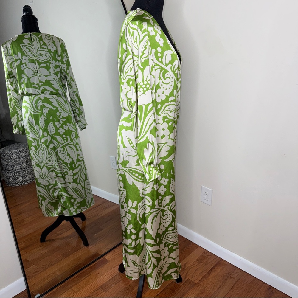 Zara Midi Floral Leaf Printed Dress Lime Ivory Size XL - Picture 2 of 7